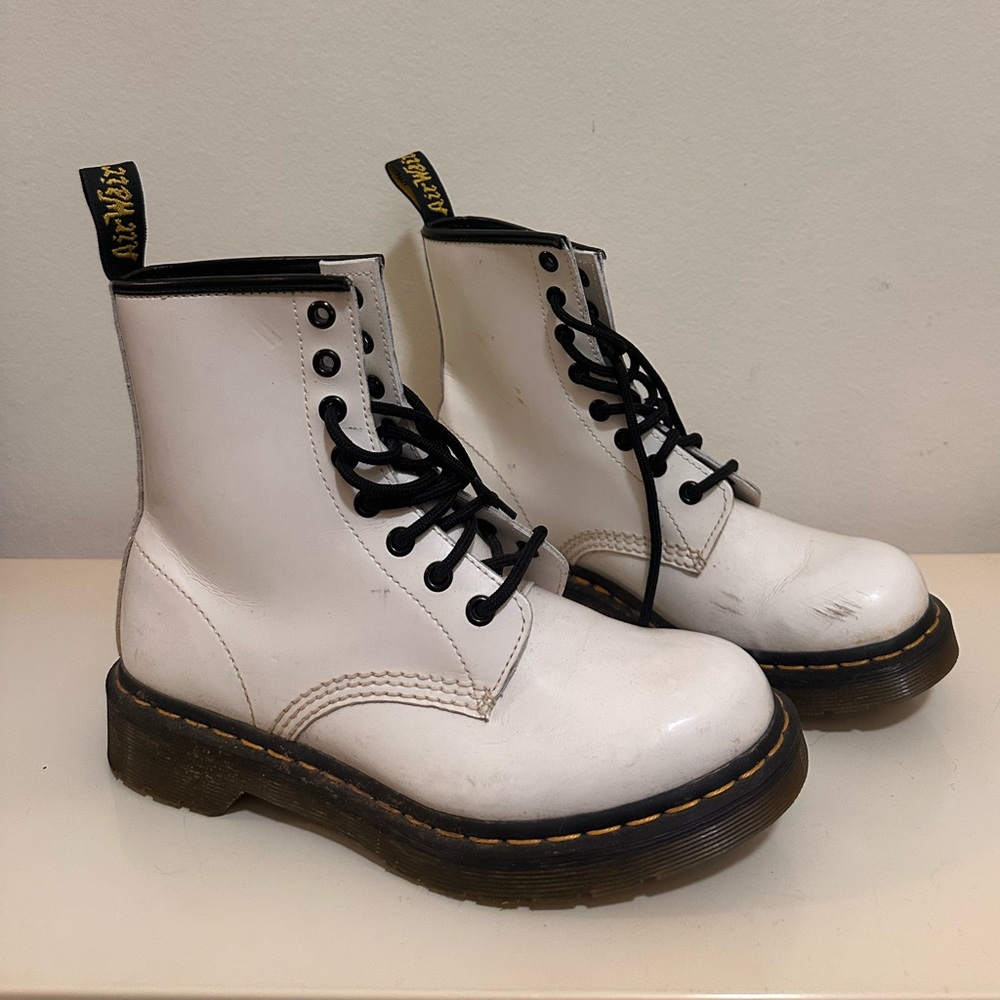 Dr. Martens White Patent Leather Lace-Up Combat Boots - Black Laces